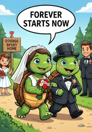 Forever Starts Now Two Turtles Dressed As Newlyweds Slowly Leaving Their Ceremony While A Sign Behind Them Suggests Everyone Else Has Already Gone Home