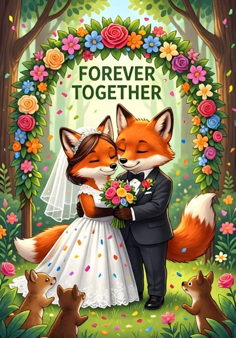 Forever Together Two Foxes Dressed As Newlyweds Cuddling Beneath A Woodland Floral Arch