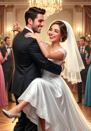 Happily Ever After A Newlywed Couple Attempting Their First Dance While Accidentally Stepping On Each Others Feet