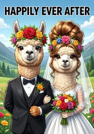 Happily Ever After Two Alpacas Dressed As Newlyweds With Extravagant Hairstyles And Floral Crowns Posing Proudly Together