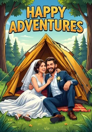 Happy Adventures A Newlywed Couple Camping On Their Honeymoon Tangled Together Inside A Collapsed Tent But Still Laughing