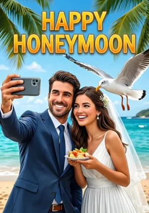 Happy Honeymoon Two Newlyweds On Honeymoon Trying To Take A Romantic Selfie While A Seagull Steals Their Food