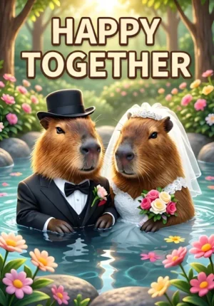 Happy Together Two Capybaras Dressed As Newlyweds Relaxing Peacefully In A Flowerfilled Hot Spring After Their Wedding
