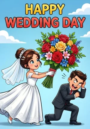 Happy Wedding Day A Bride Catching An Enormous Bouquet While The Groom Ducks Dramatically Out Of The Way