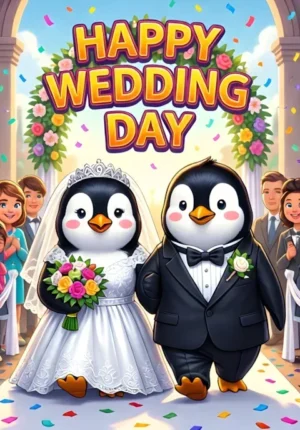 Happy Wedding Day Two Adorable Penguins Dressed As A Bride And Groom Waddling Down The Aisle Together