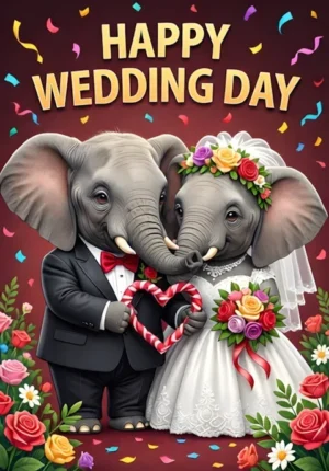 Happy Wedding Day Two Elephants Dressed As Newlyweds Trunks Intertwined To Form A Heart Shape Surrounded By Flowers And Confetti