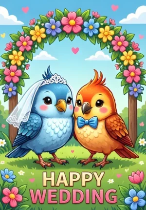 Happy Wedding Two Lovebirds Wearing A Tiny Veil And Bow Tie Perched Together Beneath A Floral Arch Cheerful Romantic Colors