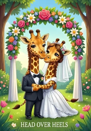 Head Over Heels Two Giraffes Dressed As Newlyweds Attempting To Fit Beneath A Tiny Floral Wedding Arch Their Necks Tangled Together