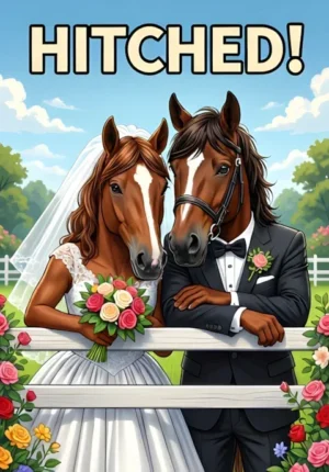Hitched Two Horses Dressed As Newlyweds Leaning Affectionately Over A Flowercovered Fence