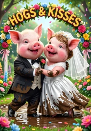 Hogs And Kisses Two Pigs Dressed As Newlyweds Sharing A Joyful Muddy Wedding Dance