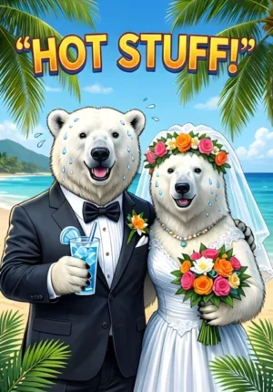 Hot Stuff Two Polar Bears Dressed For Their Tropical Beach Wedding Sweating In Formal Clothes While Holding Icy Drinks
