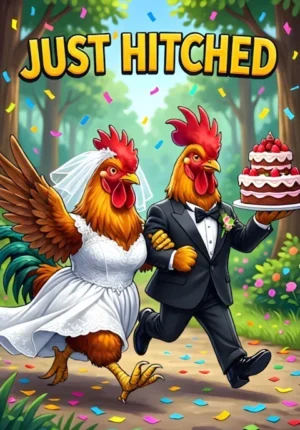 Just Hitched Two Chickens Dressed As Bride And Groom Running Away From Their Wedding With Cake In Their Wings
