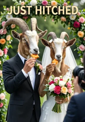 Just Hitched Two Goats Dressed For Their Wedding Eating The Floral Decorations Instead Of Posing For Photographs