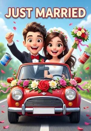 Just Married A Joyful Newlywed Couple Driving Away In A Tiny Car Covered In Flowers And Ribbons Tin Cans Bouncing Behind Them