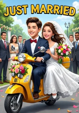 Just Married A Newlywed Couple Escaping Their Reception On A Bright Scooter Decorated With Flowers And Tin Cans