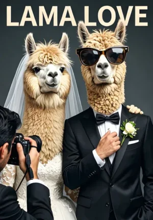 Llama Love Two Llamas Dressed In Elaborate Wedding Outfits Posing Dramatically For Photographs One Wearing Oversized Sunglasses