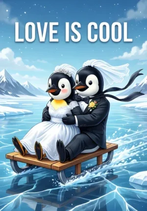 Love Is Cool Two Penguin Newlyweds Sliding Together Across The Ice Veil And Bow Tie Blowing Behind Them