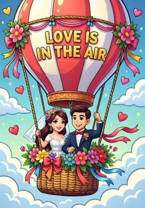 Love Is In The Air Two Newlyweds Riding Together In A Hot Air Balloon Decorated With Flowers And Ribbons