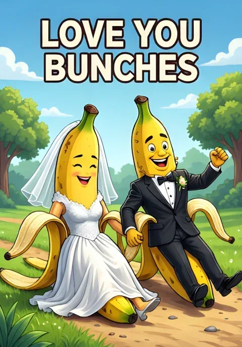 Love You Bunches Two Bananas Dressed As Newlyweds Slipping And Sliding Across Their Own Peels While Holding Hands