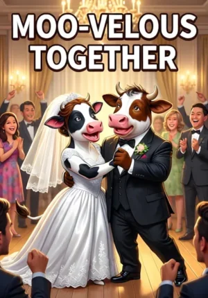 Moovelous Together Two Cows Dressed As Newlyweds Dancing Wildly At Their Wedding Reception Guests Cheering Around Them