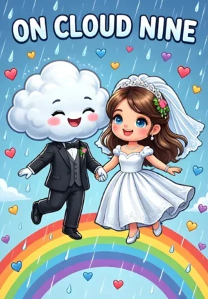 On Cloud Nine Two Happy Clouds Dressed As Newlyweds Floating Together Above A Rainbow Raining Tiny Heartshaped Drops