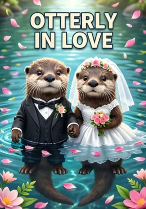 Otterly In Love Two Otters Dressed As Newlyweds Floating Together Holding Paws Flower Petals Drifting Across The Water