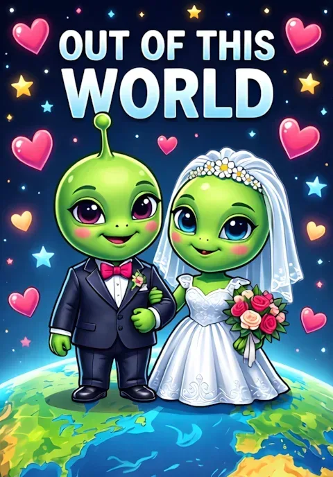 Out Of This World Two Friendly Aliens Dressed As Newlyweds Standing Together On A Colorful Distant Planet Beneath Heartshaped Stars
