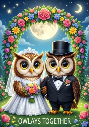 Owlways Together Two Owls Dressed As Newlyweds Perched Together Beneath A Moonlit Floral Arch