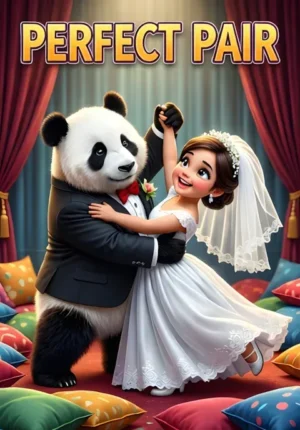 Perfect Pair Two Pandas Dressed As Newlyweds Attempting An Elegant Wedding Dance But Falling Into A Pile Of Cushions