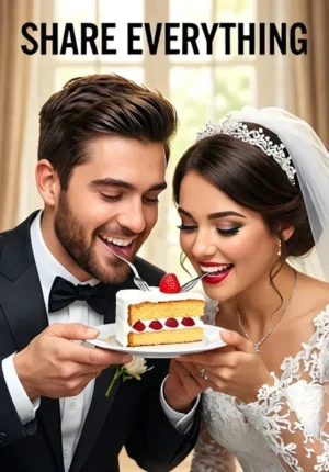 Share Everything A Newlywed Couple Trying To Eat One Tiny Slice Of Cake Together But Both Reaching For It At Exactly The Same Time