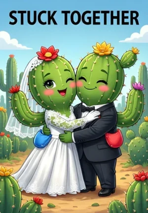 Stuck Together Two Cacti Dressed As Newlyweds Attempting A Careful Hug With Tiny Protective Cushions Between Them