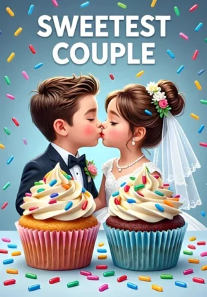 Sweetest Couple Two Cupcakes Dressed As Newlyweds Frosting Touching As They Kiss Beneath Falling Sprinkles