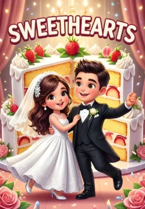 Sweethearts Two Slices Of Wedding Cake As Adorable Cartoon Newlyweds One Wearing A Veil And One A Bow Tie Dancing Together