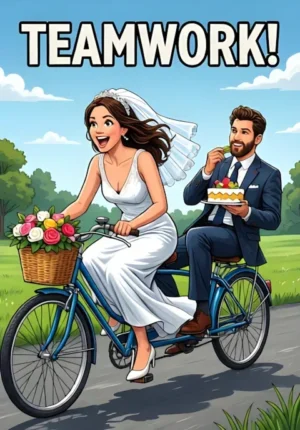 Teamwork A Bride And Groom On A Tandem Bicycle Bride Enthusiastically Pedaling While Groom Relaxes And Eats Wedding Cake