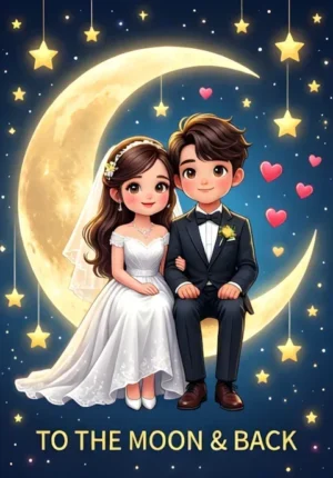 To The Moon And Back Two Newlyweds Sitting Together On A Giant Crescent Moon Surrounded By Tiny Stars And Hearts