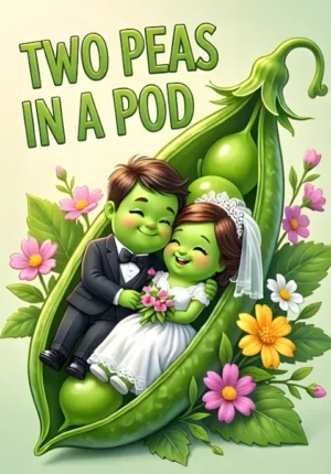 Two Peas In A Pod Two Peas Dressed As Newlyweds Snuggled Together Inside An Open Pea Pod Decorated With Flowers