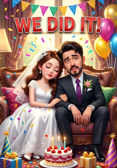We Did It A Bride And Groom Exhausted After Their Wedding Asleep Together On A Sofa Surrounded By Confetti Cake And Party Decorations