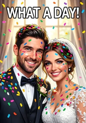 What A Day A Newlywed Couple Completely Covered In Wedding Confetti With Only Their Smiling Faces Visible