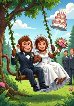 Wild About You Two Monkeys Dressed As Newlyweds Swinging Away From Their Ceremony On Vines Wedding Cake Flying Behind Them