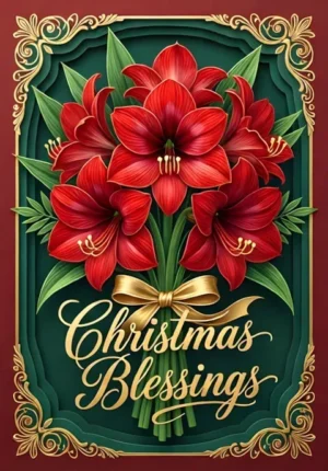 Christmas Blessings Red Amaryllis Bouquet With Gold Ribbon