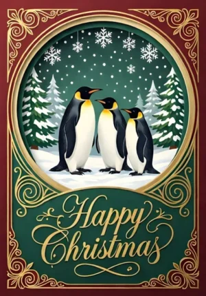 Happy Christmas Penguins Beneath Falling Snow