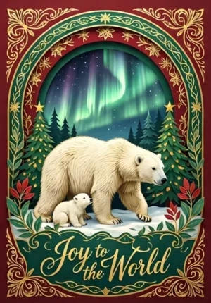 Joy To The World Polar Bear With Cub Beneath Northern Lights