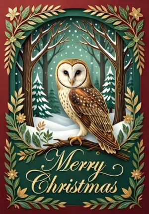Merry Christmas Barn Owl In A Snowy Woodland