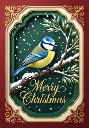 Merry Christmas Blue Tit On A Frosted Branch
