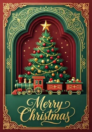Merry Christmas Classic Toy Train Around A Christmas Tree