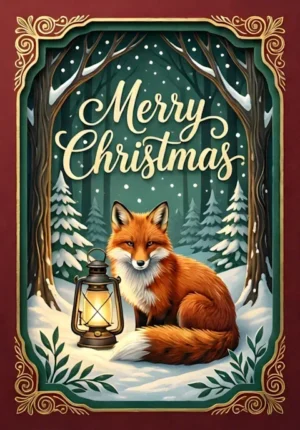 Merry Christmas Fox Curled Beside A Lantern In A Snowy Forest