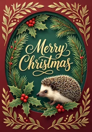 Merry Christmas Hedgehog Beside Holly And Pine
