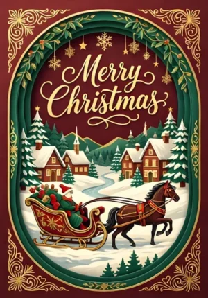 Merry Christmas Horse Drawn Sleigh Through A Village