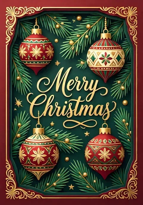Merry Christmas Ornate Christmas Baubles On Evergreen