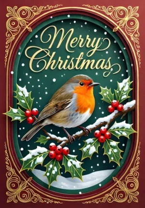 Merry Christmas Red Robin On A Snow Covered Holly Branch With Bright Berries